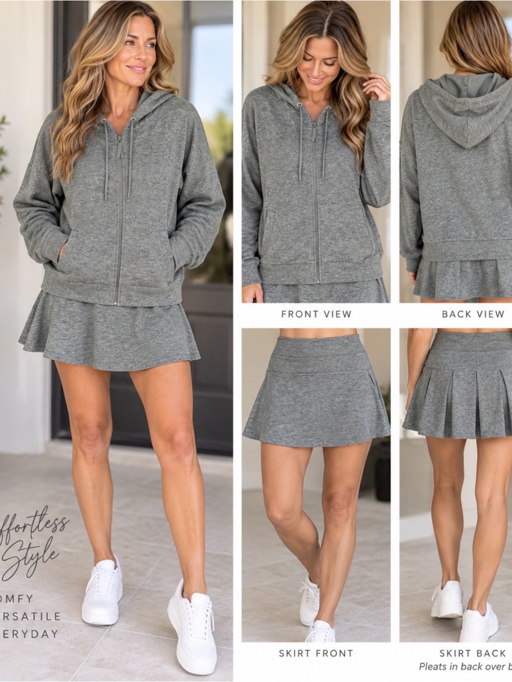 2-Piece Heather Gray Green Hoodie & Pleated Skort Set